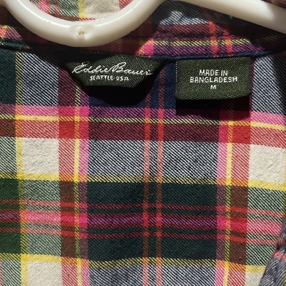 Eddie Bauer Flannel Shirt Women M Navy Blue Pink Plaid Pockets 100% Cotton - Picture 5 of 8